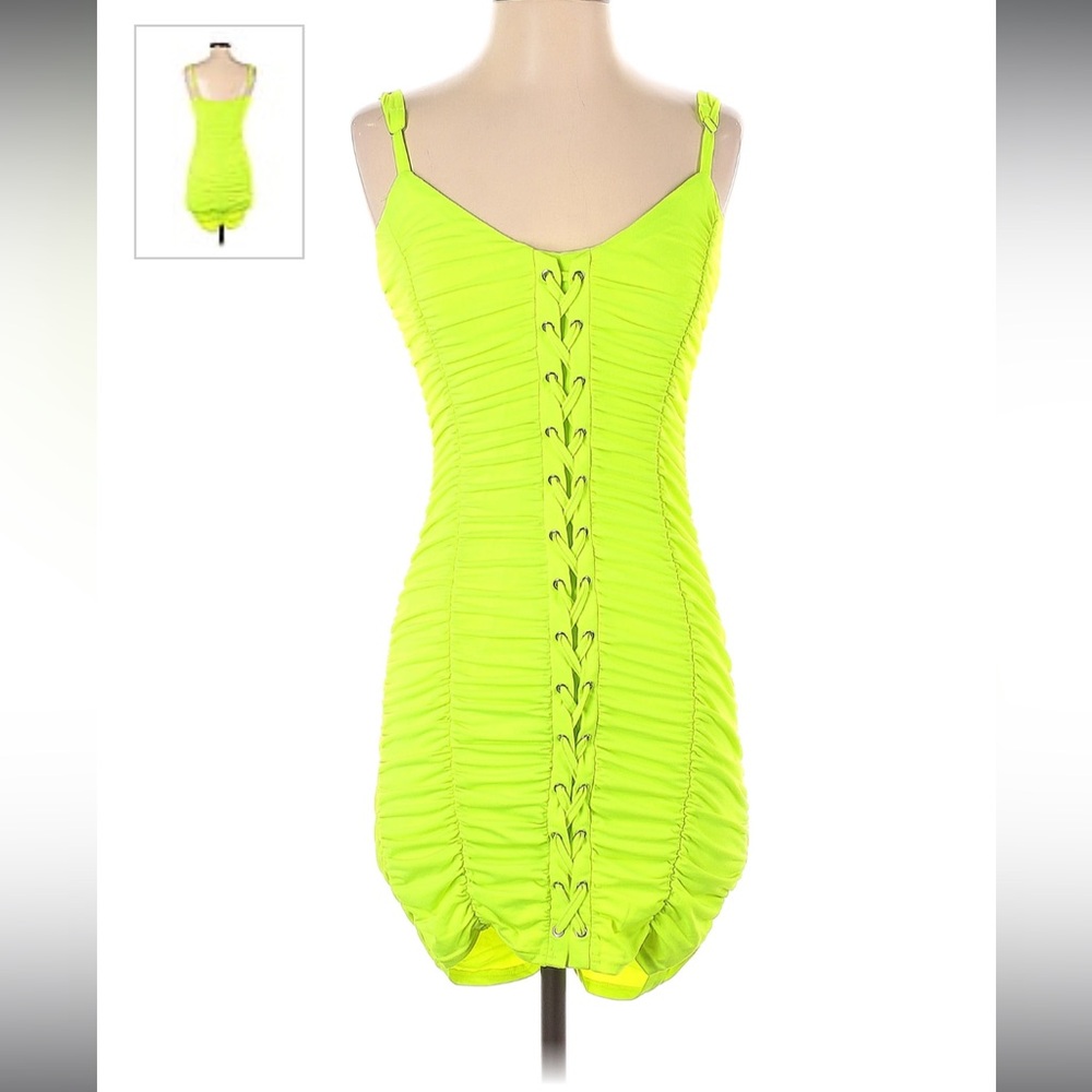 Privy Neon Lime Rushed Mini Dress Stretchy Size Large